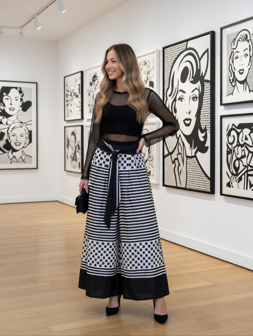Polka Dot Pants Black White Striped Palazzo Wide Leg Eclectic Statement Piece